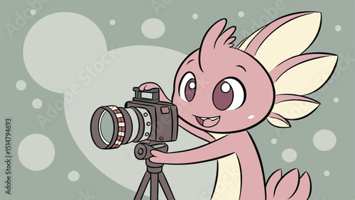 Cartoon Photographer Creature with Camera on Tripod