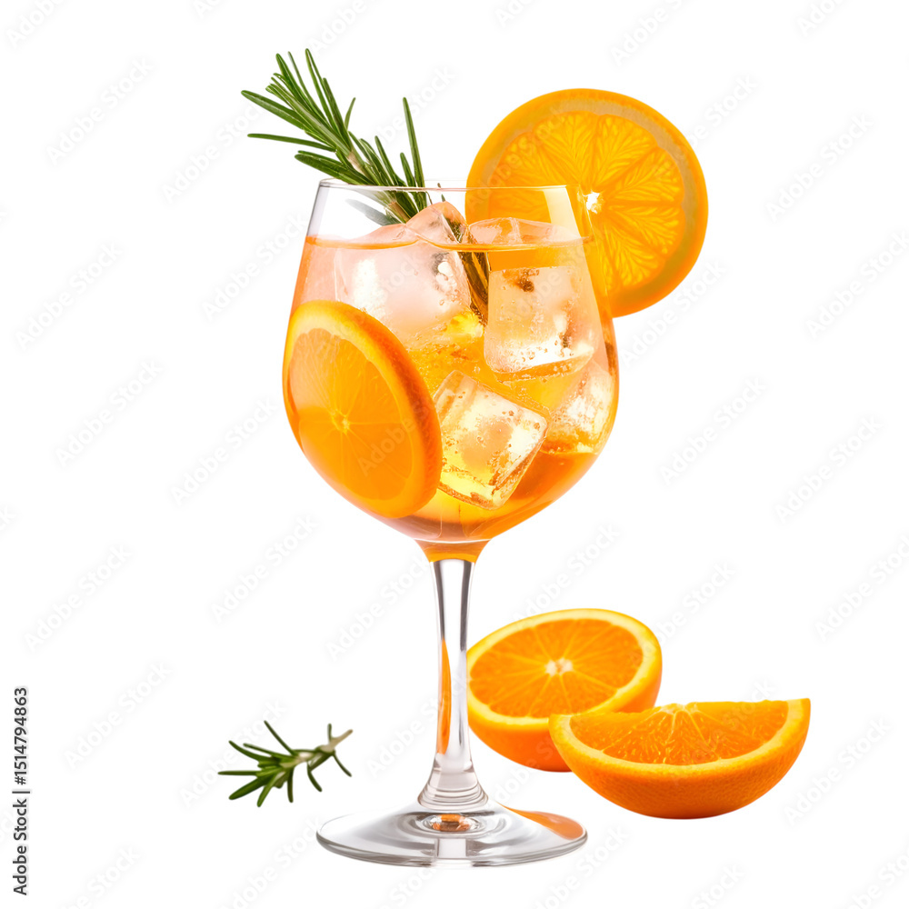 Fototapeta premium Citrus cocktail with herbs: A refreshing citrus cocktail, artfully garnished with fresh herbs, ice, and vibrant orange slices, perfect for a moment of relaxation.