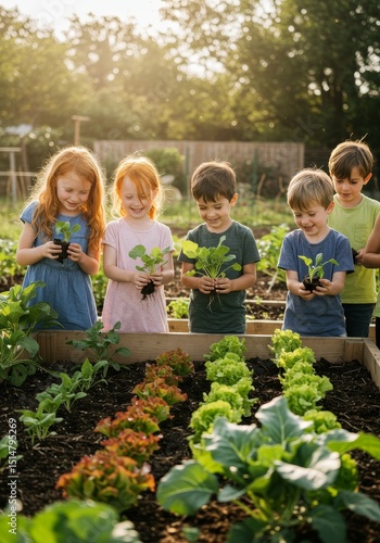 Kids Gardening Together Cheerful Children Plant Vegetables Sunny Outdoor Photo