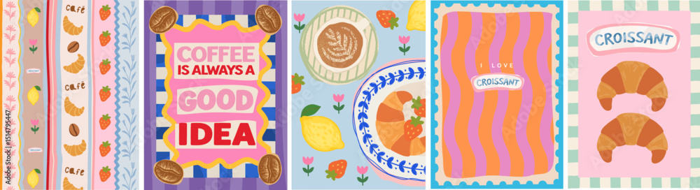 custom made wallpaper toronto digitalCoffee and croissant. Vector cute french illustration of seamless mediterranean pattern with dessert, lemon, strawberry, bean, cappuccino for cafe art poster, kitchen card, background or postage stamp