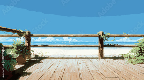 木製フェンス越しに望む夏のビーチと青空、ベクターイラスト
