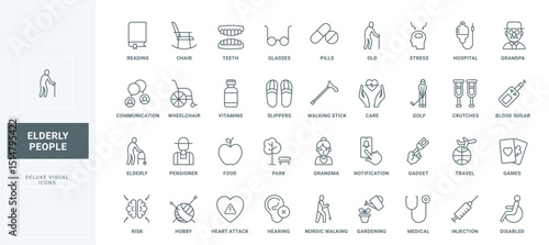 Grandpa and grandma avatars, food and medical service, gymnastics and hygiene, help with stress and heart attack thin black outline symbols vector illustration. Care for elderly line icons set.