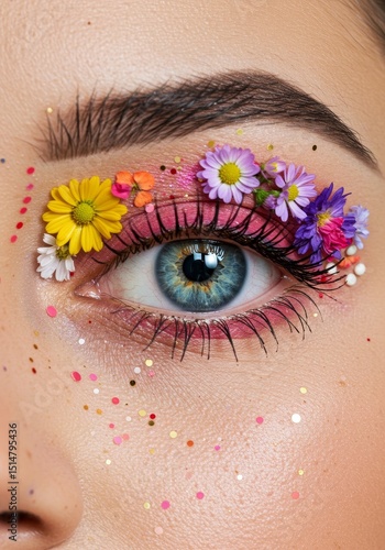 Macro Photo Eye Adorned Flowers Glitter Creative Makeup Beauty Concept
