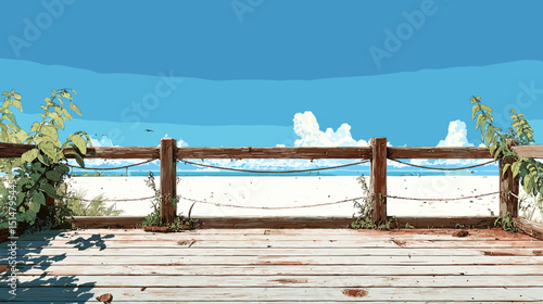 木製フェンス越しに望む夏のビーチと青空、ベクターイラスト