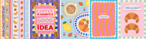 Coffee and croissant. Vector cute french illustration of seamless mediterranean pattern with dessert, lemon, strawberry, bean, cappuccino for cafe art poster, kitchen card, background or postage stamp