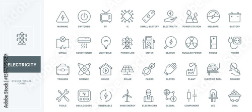 Electric energy and supply thin black and red line icons set vector illustration. Outline toolbox of electrician and household appliances symbols, circuit and high voltage power poles, LED lamp