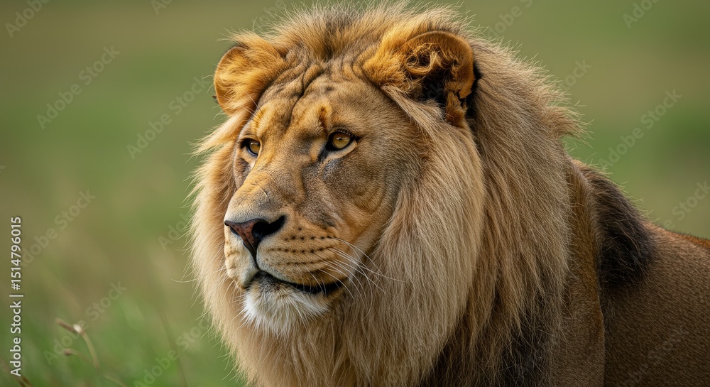 Obraz premium Majestic Lion Portrait With Shaggy Mane On Green Grass Nature