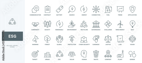 ESG thin black and red line icons set vector illustration. Outline symbols of sustainable and renewable sources, social, government and corporate trends and criteria for development, investment