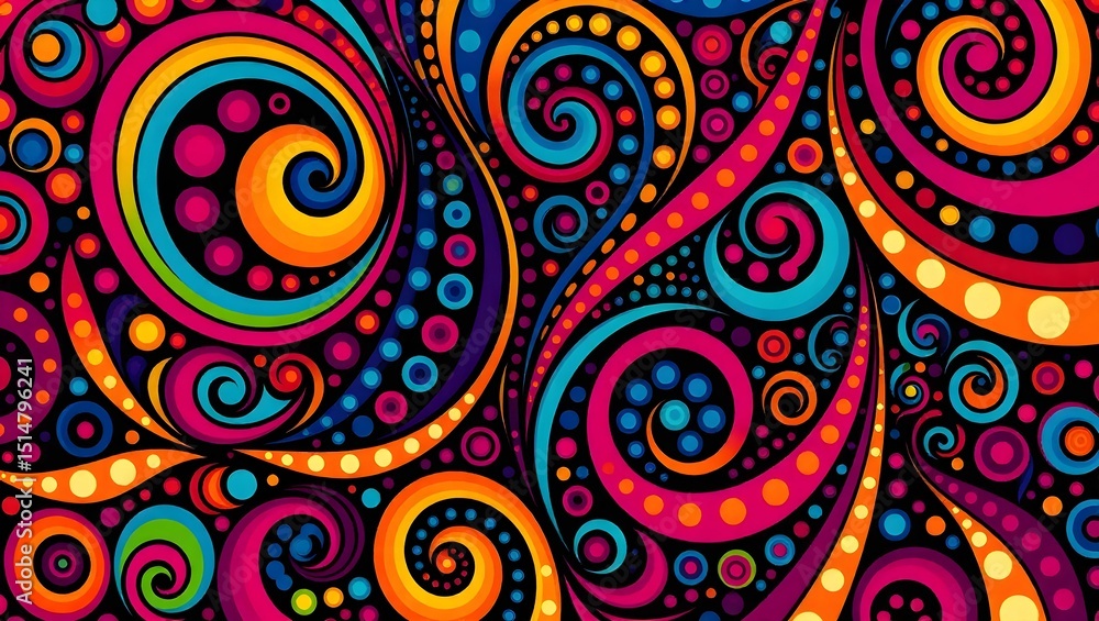 Obraz premium A colorful, abstract illustration features swirling shapes, dots, and psychedelic patterns against a black background.