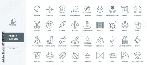 Flexible and rainproof layers, wind and sun, snow resist material for clothes, synthetic and cotton textile thin black outline symbols vector illustration. Fabric feature line icons set.