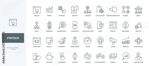 Biometric recognition, stock market trends thin black outline symbols vector illustration. Online payment with digital wallet and bank account, money investment and savings line icons set.