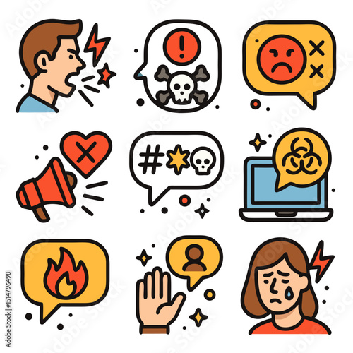 nine hate speech icons. include verbal abuse, harmful language, derogatory remarks, offensive rhetoric, discriminatory speech, online toxicity, inflammatory comments, prejudiced statements, and more.