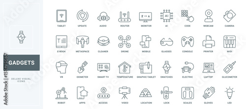 Mobile apps of phone and tablet, access and data update for video and audio electronic devices thin black outline symbols vector illustration. Smart equipment with using AI line icons set.