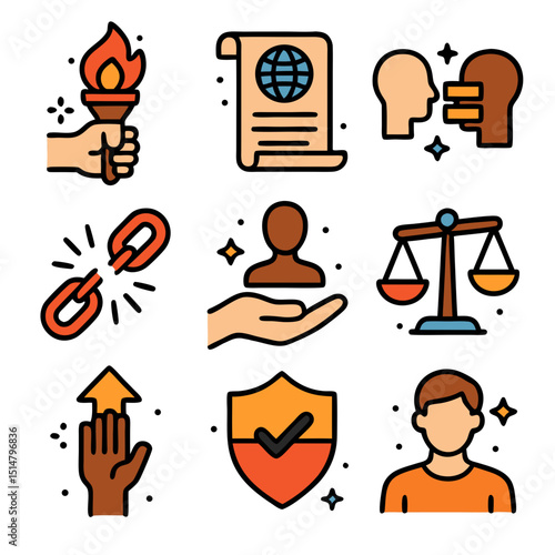 nine human rights icons. include civil liberties, universal declaration, equality before, freedom from, personal autonomy, social justice, equal opportunity, right to, human dignity.