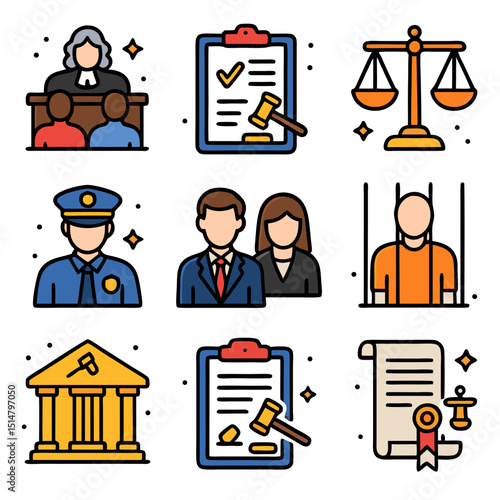 nine icons of law system. include court trial, legal process, justice system, law enforcement, legal professionals, criminal justice, civil litigation, regulatory framework, constitutional rights. 