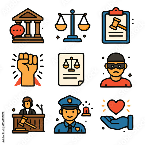 nine legal justice icons featuring court proceedings, legal system, legal process, civil rights, due process, criminal justice, courtroom trial, law enforcement, human rights