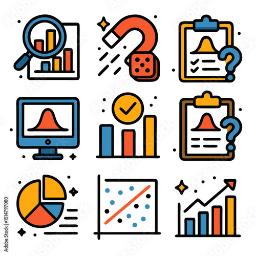 nine math statistics icon featuring data analysis, probability theory, sampling methods, inferential statistics, central tendency, hypothesis testing, descriptive statistics, correlation analysis, etc