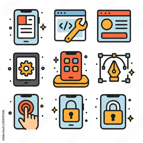 nine mobile icon featuring smartphone screen, app development, user interface, technology device, software integration, mobile platform, digital design, touchscreen interaction, data security.