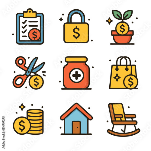 nine money saving icons featuring budget planning, financial security, investment growth, cost cutting, emergency fund, smart spending, wealth accumulation, frugal living, retirement planning