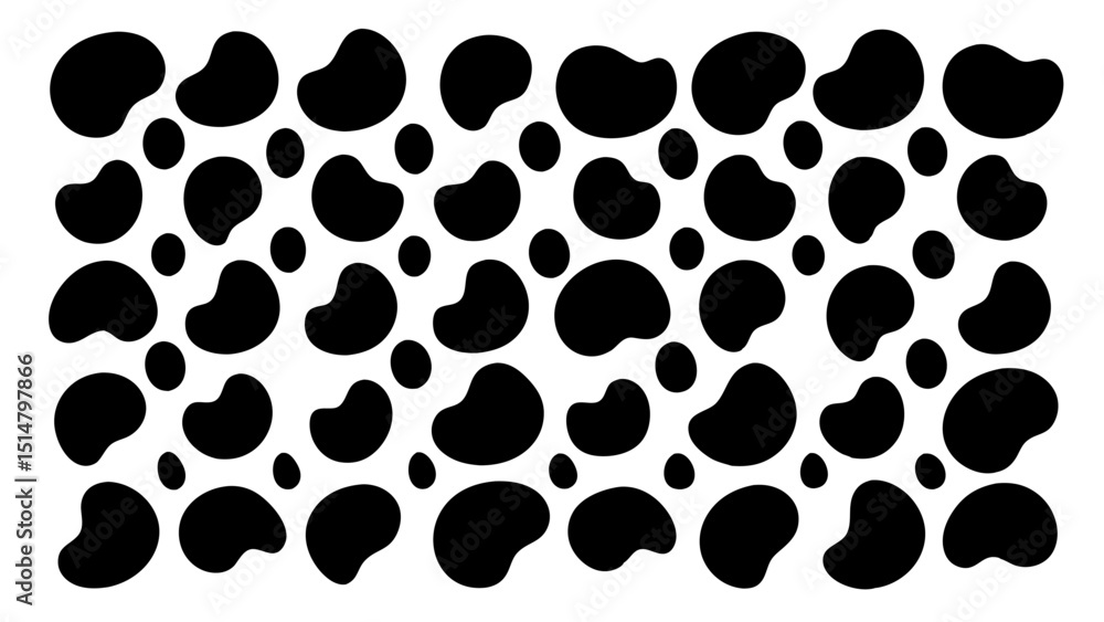 Abstract black and white seamless pattern with irregular organic shapes resembling cow spots or dalmatian spots, ideal for textile prints or backgrounds. Abstract black and white seamless pattern with irregular organic shapes resembling cow spots or dalmatian spots, ideal for textile prints or backgrounds.