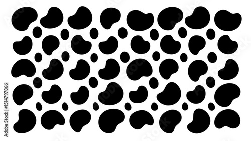 Abstract black and white seamless pattern with irregular organic shapes resembling cow spots or dalmatian spots, ideal for textile prints or backgrounds.