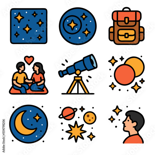 Set of nine astronomy icons perfect for science websites, educational materials, or presentations. Features planets, stars, telescopes, and more.