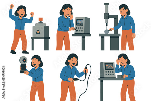 Flat vector illustration of one female aerospace engineer performing six different emotional tasks with aerospace testing equipment in two rows