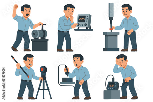 Aerospace engineer using shaker, spectrum analyzer, coordinate machine, laser tracker, ultrasonic and eddy tester with emotional actions