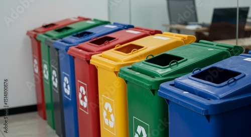 Organized Photo of Recycling Bins In Row With Color-Coded System