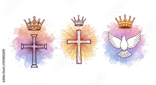 Watercolor Holy Trinity Illustration Cross Dove Crown Religious Symbols
