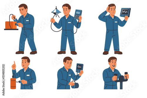 Aerospace engineer with strain gauge, accelerometer, sensor, ultrasonic test, spectrum analysis, flight yoke in vector emotional scene