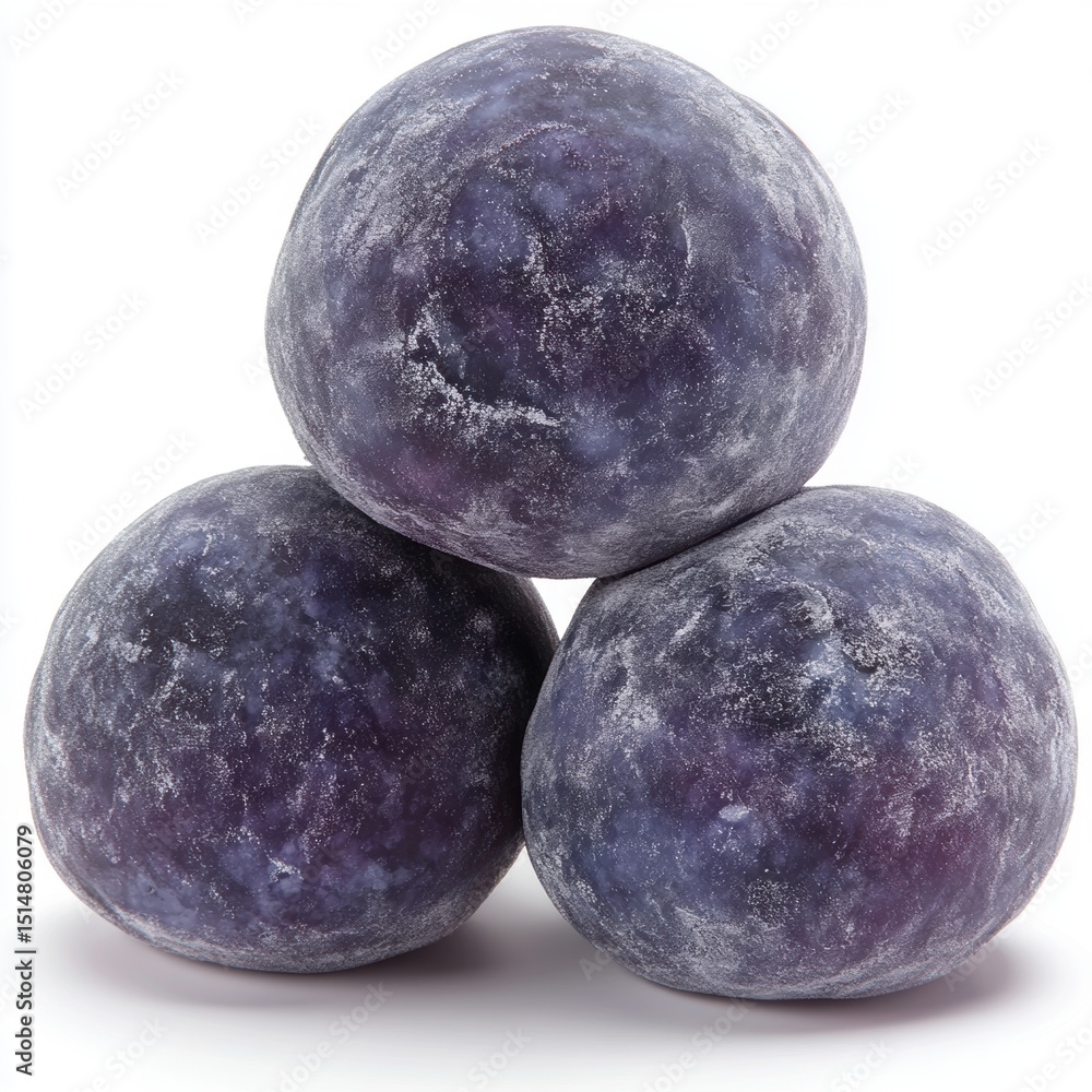 Obraz premium Close-up of three ripe purple plums with a natural textured skin isolated on a white background for healthy fruit or organic produce advertisement