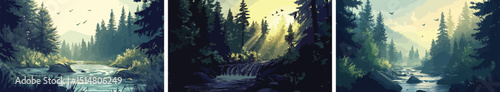 Landscape painting of forest wilderness with river flowing through lush vegetation and birds flying serene natural scenery ideal for nature lovers travel and outdoor adventure themes available in