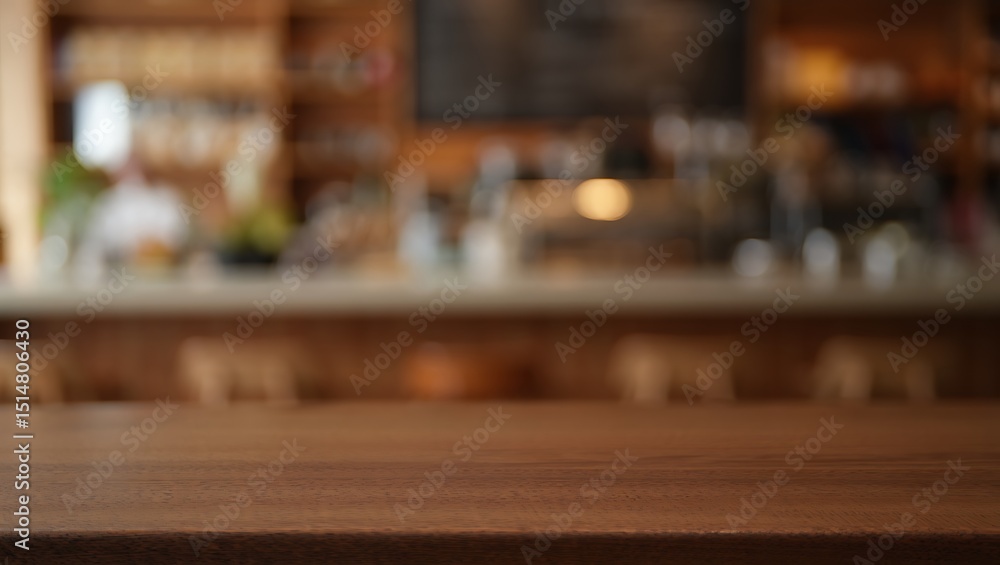 Fototapeta premium Wooden tabletop with blurred coffee shop background