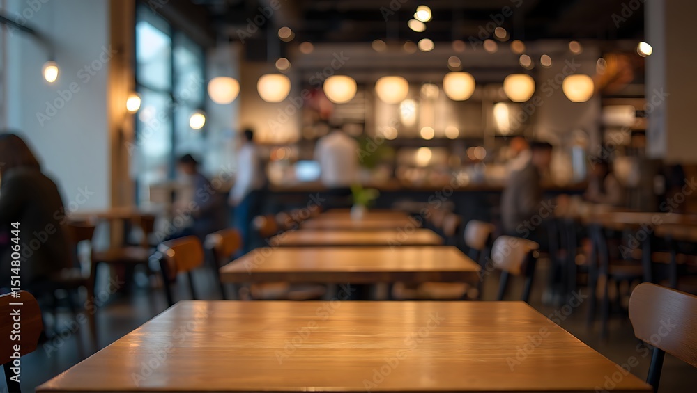 Empty wooden table in a busy modern cafe Empty wooden table in a busy modern cafe