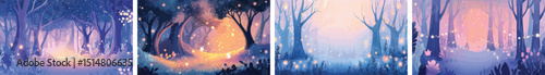 Enchanted Forest Scenes Collection Magical Woods at Night and Day with Glowing Fireflies Fantasy Landscape Background Whimsical Nature Illustration for Book Cover Wallpaper or Game Design Whimsical