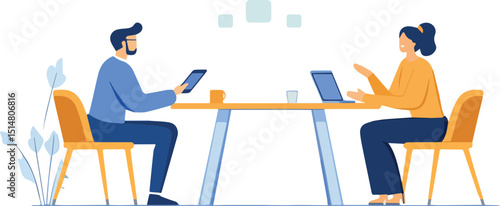 Business meeting and teamwork in office workplace colleagues man and woman discussing project strategy using laptop and tablet communication and cooperation concept two businesspeople talking and