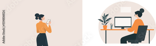 Young woman working from home office using smartphone and desktop computer blank white screen mockup template work life balance concept flat vector illustration design freelance working multitasking