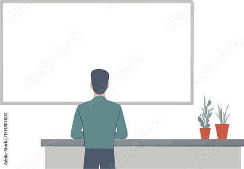 Man looking at blank whiteboard presentation mockup empty white board business conference meeting brainstorming presentation training education learning concept office interior with plants