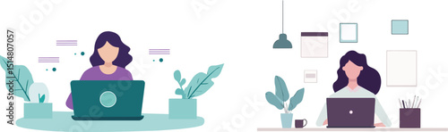 Woman working from home office using laptop computer freelance worker distant job online study education concept work at home self isolation business woman workspace interior flat vector illustration