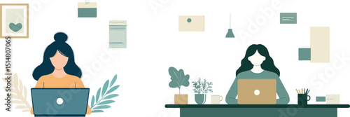 Two young women working from home freelance workspace online education work from anywhere hybrid workplace modern lifestyle with laptops and plants flexible work schedule remote worker telecommuting