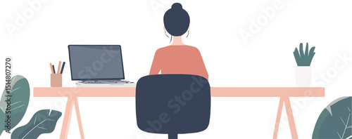 Woman working from home office sitting at desk with laptop computer back view freelance worker student studying online distance learning education concept work from home workspace interior design