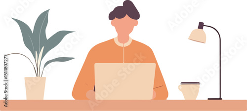 Person working from home office desk setup with laptop computer coffee cup plant and lamp freelancer working online studying or learning remotely work from home concept vector illustration