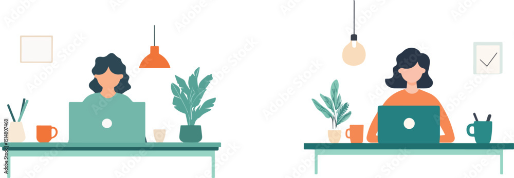 Fototapeta premium Woman working from home freelance workplace home office business female character working on laptop computer with houseplants modern workspace interior design comfortable cozy workplace concept