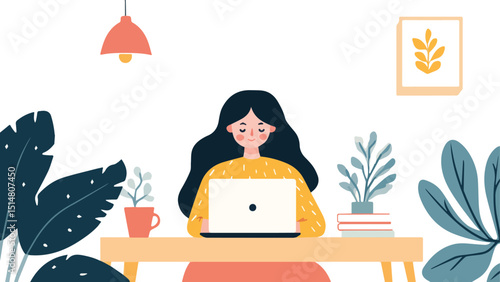 Young woman working from home freelance worker student studying online using laptop computer distance learning online education work at home concept girl sitting at desk with laptop books plants and
