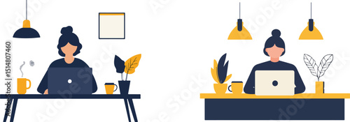Woman working from home freelance character working at home office vector illustration remote workplace concept employee at desktop computer online job internet technology work from home freelance