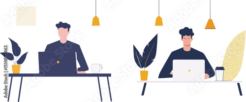 Freelancer working on laptop at home office desk with coffee or tea cup and plant modern flat vector illustration concept of remote work freelance online education and learning studying home