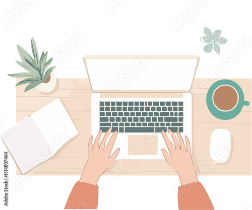 Woman working on laptop computer at home office desk top view with coffee mug plant and notebook freelance online work business learning studying writing email sending message online shopping social