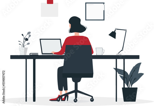 Woman working at her desk office worker sitting on chair using laptop computer business woman working from home freelance job online education student studying via internet learning course distant