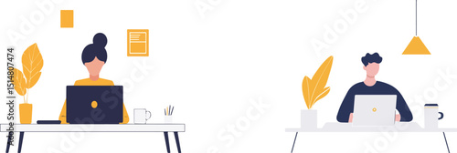 Man and woman working on laptops at desks in modern office workspace freelance remote work concept businesspeople colleagues communicating online using computer social networking chatting online